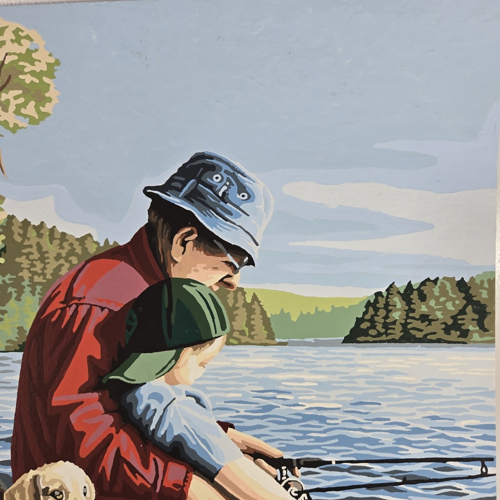 Grandpa With Grandson Fishing On‎ Dock With Labs Vintage Paint By Number 20x16 - Picture 4 of 17